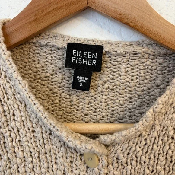 Eileen Fisher Boucle Silk Cotton Cardigan S Beige Knit Button Front Boho Beachy - Picture 3 of 10